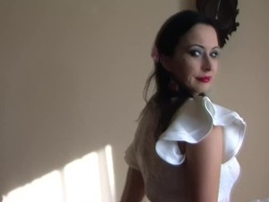 Sexy Woman Strips WHite Dress Showing